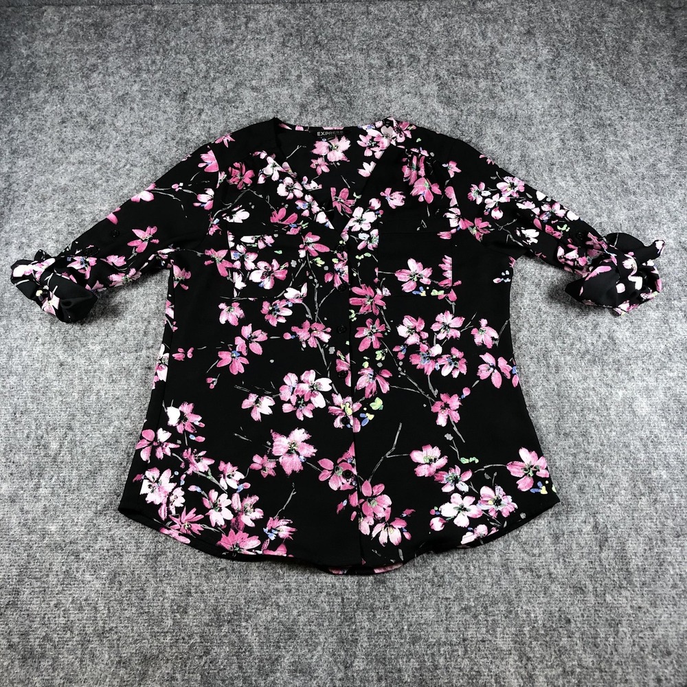 Express Shirt Womens XS Black Pink Floral V-Neck Button Front Long Sleeve Blouse